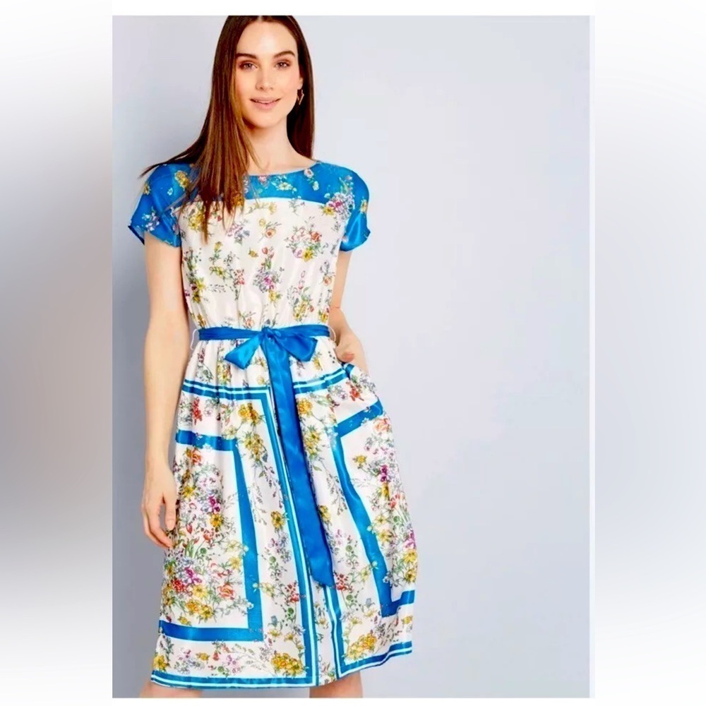 ModCloth Anthropologie Blue Satin Sunlit Reverie Dress Belted Floral Size XS